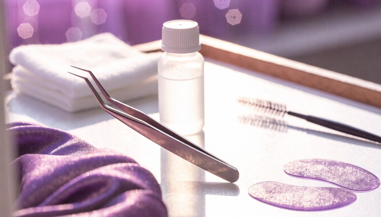 Sauberer Lash-Arbeitsplatz mit Pinzette, Gel-Remover und Pads – professionelles Entfernen der Wimpernverlängerung