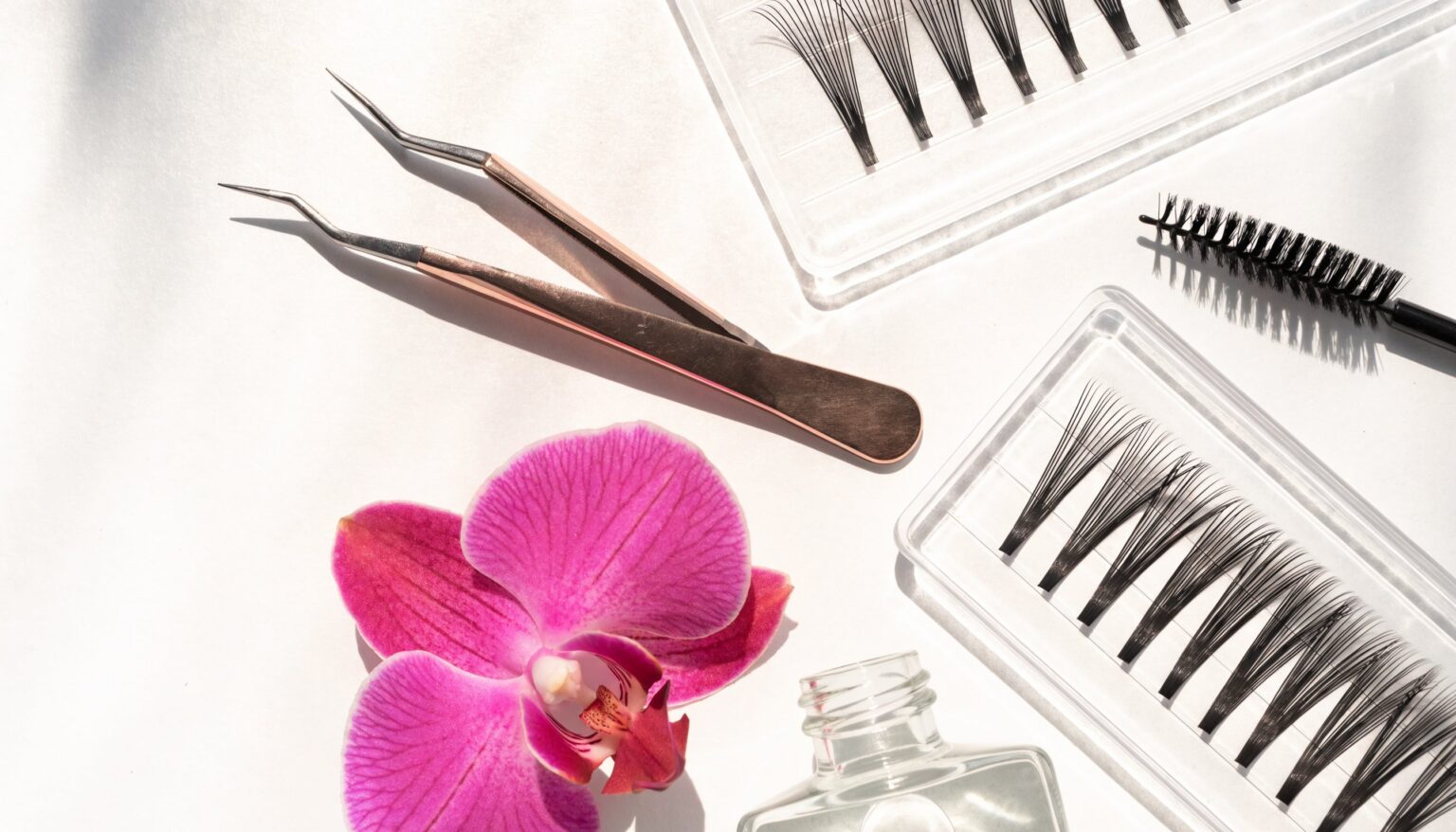 Helles Flatlay mit Wimpernpinzette, Wimpernfächern und Orchidee – Lash-Ausbildung